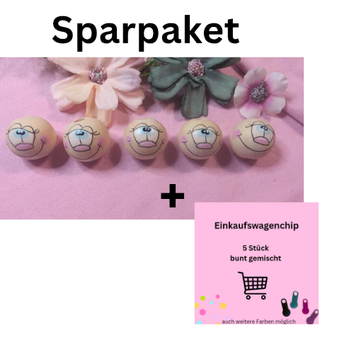 Sparpaket: 5 handbemalte Holzperlen + 5 Einkaufswagenchips